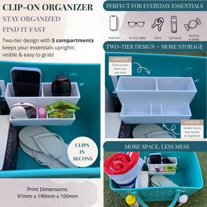 Puede incluir: Un organizador con clip de color turquesa con un diseño de dos niveles y cinco compartimentos. La imagen muestra el organizador con un teléfono, gafas de sol, llaves, bálsamo labial, snacks y más. El texto dice "MANTÉNGASE ORGANIZADO, ENCUÉNTRALO RÁPIDO".