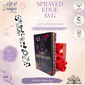 May include: A digital design file for book edges featuring the text Sprayed Edge SVG and Lost Apothecary. The image displays a book cover titled The Lost Apothecary by Sarah Penner, a vertical strip with black butterfly and bottle icons, and a red 3D object.