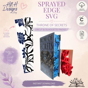 Puede incluir: Un conjunto de archivos digitales titulado Sprayed Edge SVG Throne of Secrets con patrones florales para bordes de libros. Incluye un libro con borde floral azul, un letrero de amor rojo impreso en 3D y dos tiras verticales de diseño floral.