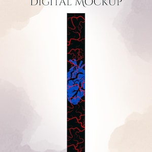 May include: A bookmark with a black background and a blue heart design with red veins. The bookmark also has the words "DIGITAL MOCKUP" in black text. The shop name "HMH Designs Shop" is in the upper left corner.