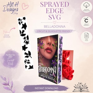 Puede incluir: Un archivo de diseño digital para el borde de un libro con un patrón de silueta botánica negra. La imagen muestra la portada del libro Belladonna de Adalyn Grace con un diseño de borde floral morado y un soporte para libros rojo.