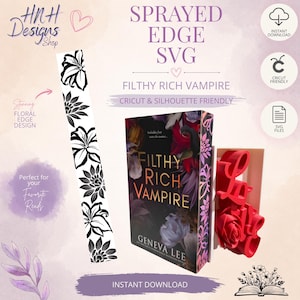 Puede incluir: Un archivo de diseño digital para el borde de un libro con un patrón floral en blanco y negro, junto a un libro titulado Filthy Rich Vampire de Geneva Lee con un borde decorado a juego y un objeto decorativo rojo impreso en 3D.
