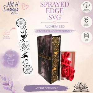 Puede incluir: Un conjunto de archivos digitales para un diseño de borde de libro con el texto ALCHEMISED, una tira vertical con patrones florales y de fases lunares, y un libro con cubierta oscura. Incluye iconos para descarga instantánea y archivos SVG.