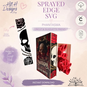 Puede incluir: Un conjunto de archivos digitales para un diseño de borde de libro titulado Phantasma, con un gráfico en blanco y negro de una calavera, rosas y cadenas. La imagen muestra un libro con el diseño en el borde, junto a la palabra Love en rojo.