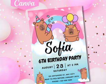 Editable Capybara Birthday Invitation | Party Invite for Kids | Printable Canva Template D183