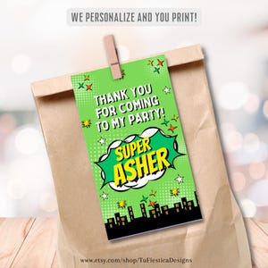 Superhero Comic Favor Label | Personalized Name | Thank You Tags Printable for Birthday Party Favors | Party Decor | Digital Download D171