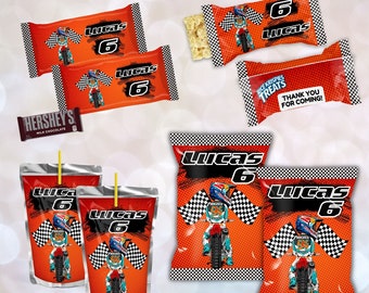 May include: Printable party favor labels featuring a motocross theme. The labels are orange and black with a checkered flag design and a cartoon image of a motocross rider. The labels say "Lucas 6" and are designed for juice boxes, snack bags, and other party favors.