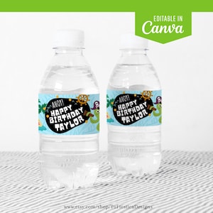 May include: Two clear plastic water bottles with white lids. Each bottle features a blue label with the text "Ahoy! Happy Birthday Taylor" in a pirate design, including a ship's wheel and a cartoon octopus.