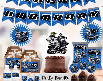 May include: A motocross-themed party bundle with blue and white decorations. The bundle includes a cake topper, cupcake toppers, favor bags, water bottle labels, treat boxes, and a banner that says "Happy Birthday".
