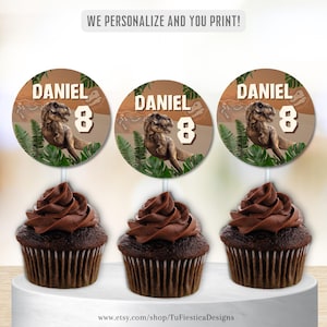 Dinosaur Jurassic Cupcake Topper | Printable Circles for Birthday Party Favors | Personalized Name & Age | Party Decor | Digital File D167