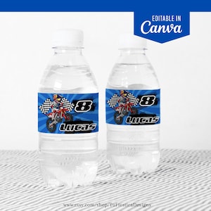 Bewerkbare labels voor motorcrossbidons | Decor verjaardagsfeestje crossmotor | Afdrukbare canvassjabloon D173