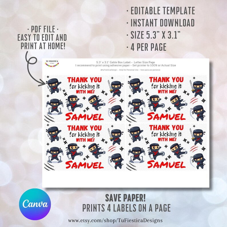 Editable Ninja Gable Box Favor Label | Karate Birthday Party Favor Tags ...