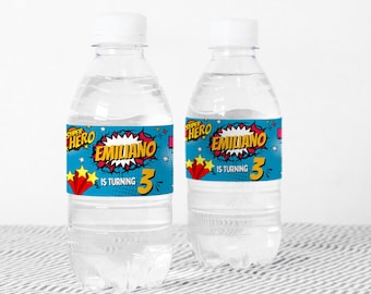 Etiqueta para botella de agua de superhéroe cómico / Personalizada con nombre y edad / Etiqueta imprimible para decoración de fiesta de cumpleaños infantil / Descarga digital D168