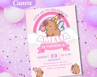 Editable Capybara Birthday Invitation | Party Invite for Kids | Printable Canva Template D178