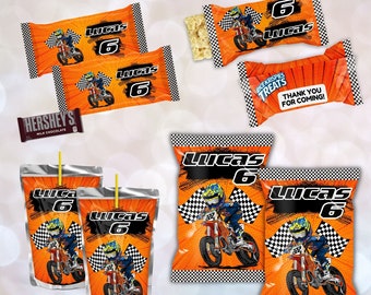 May include: Printable party favor labels featuring a motocross rider on an orange and black background. The labels say "Lucas 6" and are designed for juice boxes, snack bags, and candy wrappers.