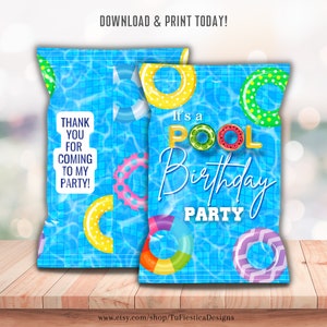 Pool Party Chip Bag Wrapper Favor Treat Bag Snack Cookie Birthday Pool Party Kids Summer Decorations Instant Printable Download CB60 D105