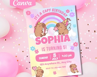 Editable Capybara Birthday Invitation | Party Invite for Kids | Printable Canva Template D179