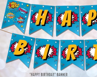 Può includere: Uno striscione di "Buon Compleanno" blu e rosso a tema supereroi. Lo striscione presenta le parole "Buon Compleanno" in lettere gialle con esplosioni in stile fumetto rosso e bianco dietro di loro. Lo striscione presenta anche stelle e le parole "Supereroe", "Wow", "Pow" e "Bam!" in un font in stile fumetto.
