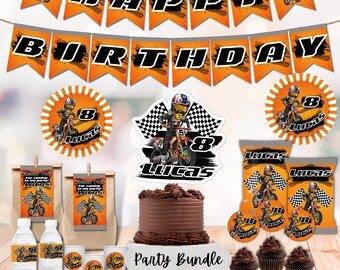 May include: A party bundle for a motocross themed birthday party. The bundle includes a cake topper, cupcake toppers, favor bags, water bottle labels, and a banner that says "Happy Birthday".