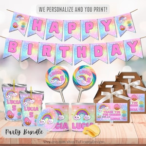 Personalize Kawaii Party Printables / Cute Rainbow Birthday Party / Kawaii Donut Party Printables Bundle Kit Digital Download D110PK4
