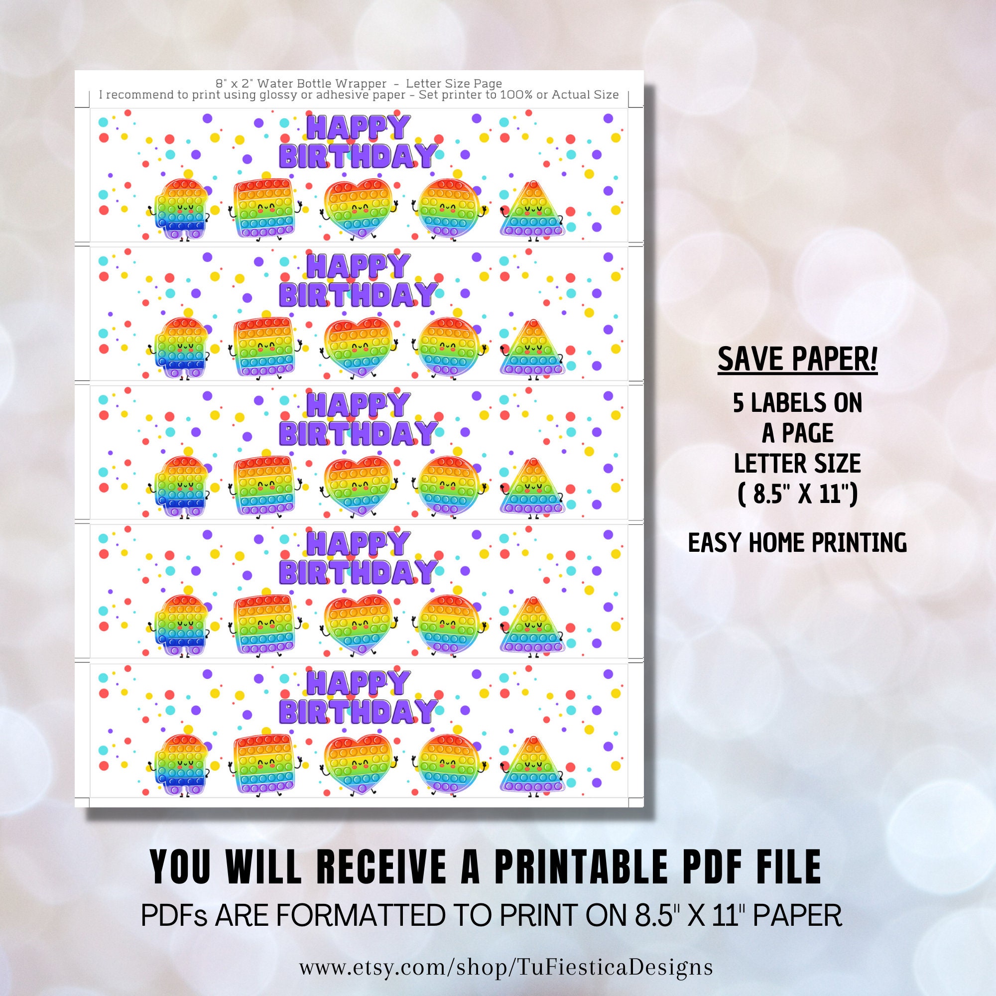 POP It Water Bottle Labels Girls Birthday Party Fidget Toys Party Decor  Rainbow Printable Instant Digital Download WR59 D117 