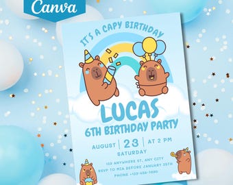 Editable Capybara Birthday Invitation | Party Invite for Kids | Printable Canva Template D181