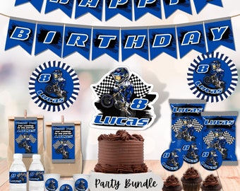 May include: A motocross themed party bundle with blue and black decorations. The bundle includes a banner that says "Happy Birthday", cupcake toppers, favour bags, water bottle labels, and a cake topper. The cake topper features a cartoon motocross rider with the name "Lucas" and the number "8".