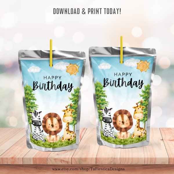 Safari Animals Capri Sun Labels Juice Pouch Birthday Party Wild Animal Zoo Jungle Themed Party Decor Instant Printable Download CSL70 D104