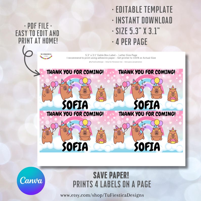 Editable Capybara Gable Box Favor Label | Carpincho Birthday Party ...
