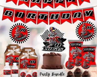 May include: A motocross-themed party bundle with red, black, and white decorations. The bundle includes a cake topper, cupcake toppers, favor bags, water bottle labels, favor boxes, and a banner that says "Happy Birthday".