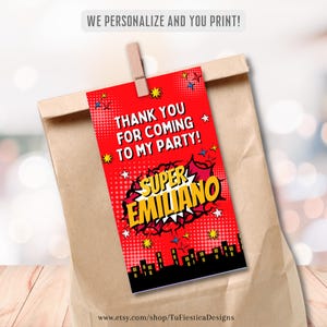 Superhero Comic Favor Label | Personalized Name | Thank You Tags Printable for Birthday Party Favors | Party Decor | Digital Download D170