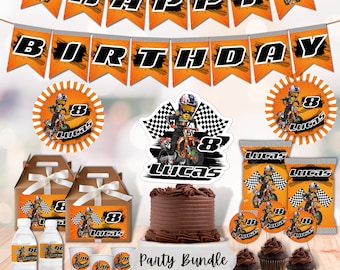 May include: A motocross-themed party bundle with orange and black decorations. The bundle includes a cake topper, cupcake toppers, favor bags, water bottle labels, favor boxes, and a banner that says "Happy Birthday".