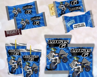 May include: Printable party favor labels featuring a motocross rider on a blue background with white checkered flags. The labels say "Lucas 6" and are designed for juice boxes, snack bags, and candy bars.