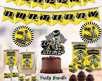 May include: A party bundle for a motocross themed birthday party. The bundle includes a cake topper, cupcake toppers, favor bags, water bottle labels, favor bags, and a banner that says "Happy Birthday".