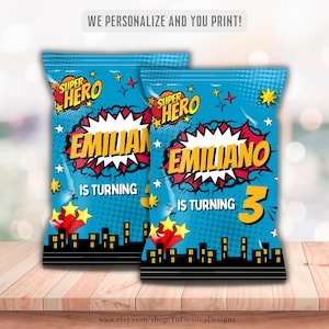 Superhero Comic Chip Bag Wrapper | Personalized Name & Age | Printable Treat Bag for Birthday Party Snack Favors | Digital Download D168