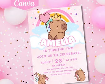 Editable Capybara Birthday Invitation | Party Invite for Kids | Printable Canva Template D178