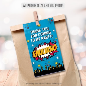 Superhero Comic Favor Label | Personalized Name | Thank You Tags Printable for Birthday Party Favors | Party Decor | Digital Download D168