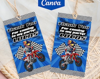 Redigerbara etiketter för tack till motocross-godis | Dekoration för födelsedagsfest för dirtbike | Utskrivbar Canvas-mall D173
