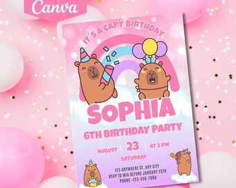 Editable Capybara Birthday Invitation | Party Invite for Kids | Printable Canva Template D182