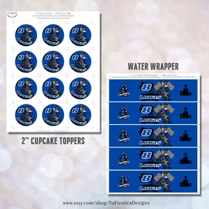 Pu&ograve; includere: Topper rotondi per cupcake stampabili da 5 cm di diametro e involucri per bottiglie d'acqua da 20 x 5 cm con un pilota di motocross con il numero 8 e il nome Lucas. Il design &egrave; blu, nero e bianco con un motivo a bandiera a scacchi.