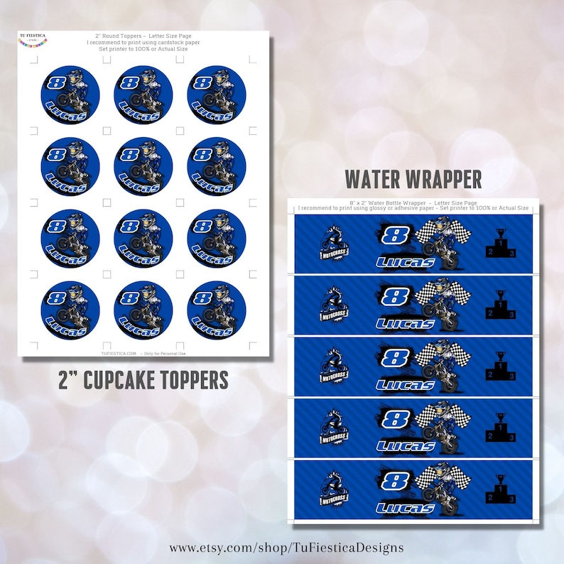 Pu&ograve; includere: Topper rotondi per cupcake stampabili da 5 cm di diametro e involucri per bottiglie d'acqua da 20 x 5 cm con un pilota di motocross con il numero 8 e il nome Lucas. Il design &egrave; blu, nero e bianco con un motivo a bandiera a scacchi.