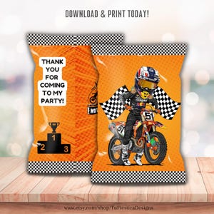 May include: Orange and black motocross themed party favor bags with a checkered border. The front of the bag features a cartoon motocross rider on a dirt bike with a checkered flag. The text "Thank you for coming to my party!" is on the left side of the bag.
