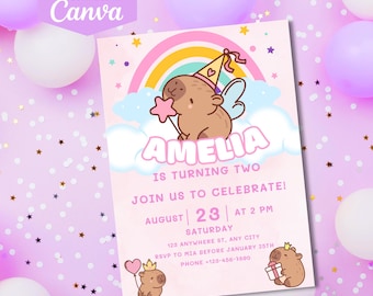 Editable Capybara Birthday Invitation | Party Invite for Kids | Printable Canva Template D178