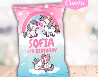 May include: A pink and blue party bag with unicorn illustrations, a rainbow, and clouds. The bag is printed with the name "Sofia" and "6th Birthday". The words "Editable in Canva" are also printed on the bag.