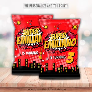 Superhero Comic Chip Bag Wrapper | Personalized Name & Age | Printable Treat Bag for Birthday Party Snack Favors | Digital Download D170