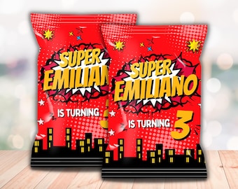Bolsa de papas fritas de superhéroe con nombre y edad personalizados. Bolsa imprimible para refrigerios de cumpleaños. Descarga digital. D170