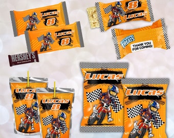 May include: Printable party favor bags featuring a motocross rider design with checkered flags and the name "Lucas" and the number "8". The bags are in orange, black, and white. The text "WE PERSONALIZE AND YOU PRINT!" is at the top of the image.