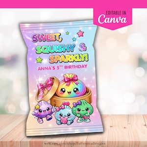 May include: A rectangular snack bag wrapper featuring a pastel gradient background with stars and the text SWEET, SQUISHY & SPARKLY! ANNA'S 5TH BIRTHDAY. The design displays colorful, smiling dumpling characters with bows, some inside a bamboo steamer.