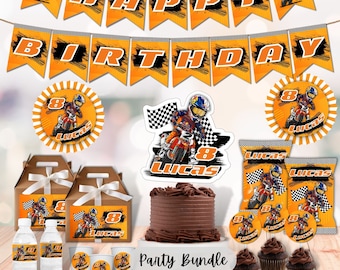 May include: A motocross-themed party bundle with a cake topper, cupcake toppers, favor bags, water bottle labels, favor boxes, and a banner that says "Happy Birthday".