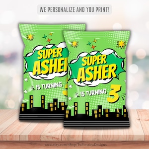 Superhero Comic Chip Bag Wrapper | Personalized Name & Age | Printable Treat Bag for Birthday Party Snack Favors | Digital Download D171